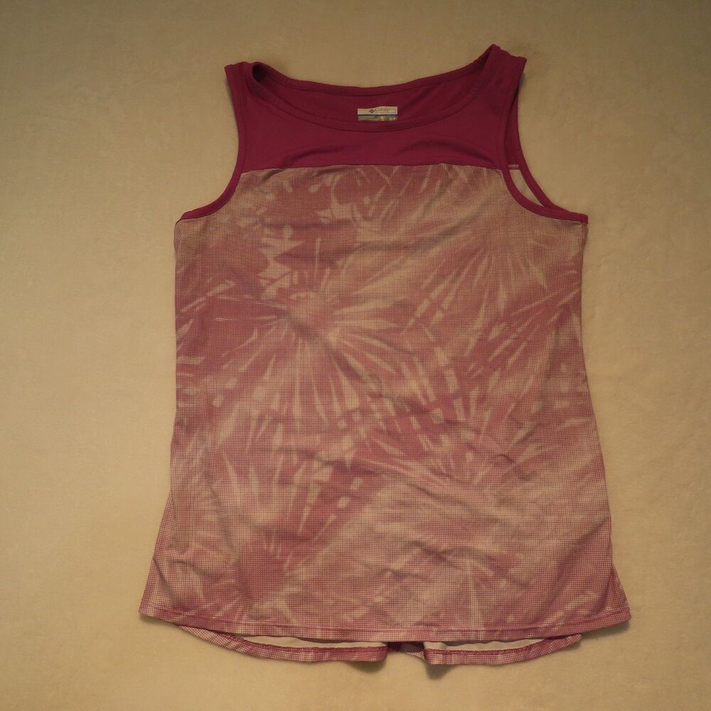Columbia Sportswear Womens Tank Top Medium Pink Palm Leaf Printed Back Split Yok
